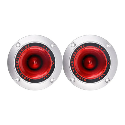 A pair of aiyima 4 inch piezoelectric ceramic tweeters with silver frames red cones and two wires for treble audio use