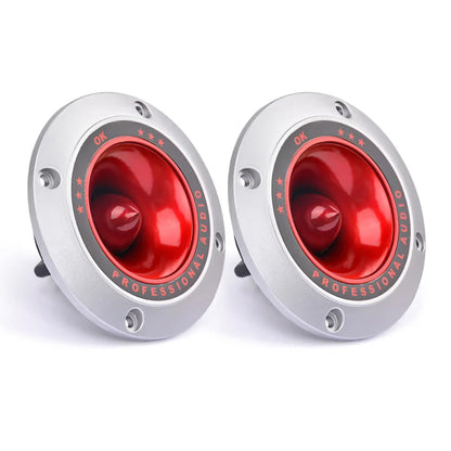 A pair of aiYIMA 4 inch piezoelectric ceramic tweeters with silver tops vibrant red cones and professional audio engraving