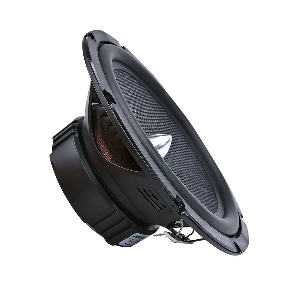 A black 6.5 inch audio car speaker with carbon fiber grille and silver cone bullet woofer loudspeaker for home theater