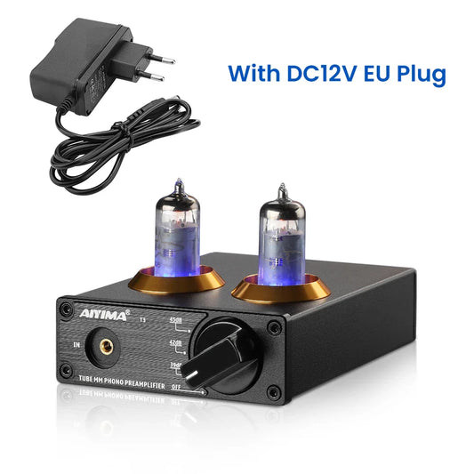 Black aiyima t3 hifi vacuum 6a2 tube mm phono preamplifier with glowing blue tubes in gold bases for vinyl record players
