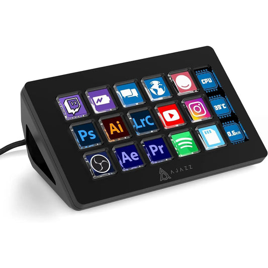 Black ajazzakp153 live broadcast keyboard with colorful app icons for television color grading and grading music production