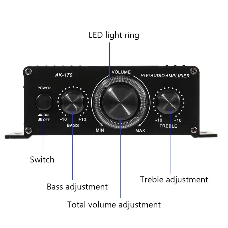 Black ak170 mini digital power audio car amplifier with central volume knob and bass treble adjustment for home theater club use