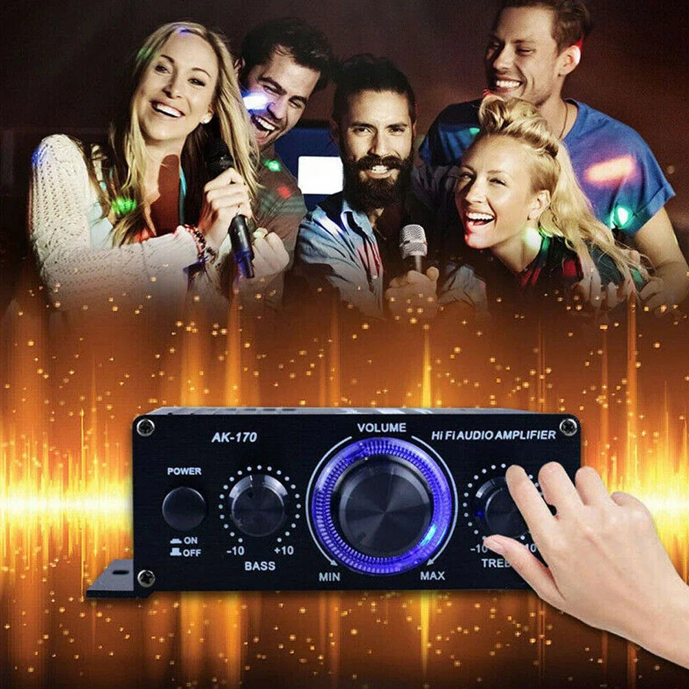 Black ak170 mini digital audio car amplifier with blue-lit volume knob and rotary bass treble controls for home theater club use