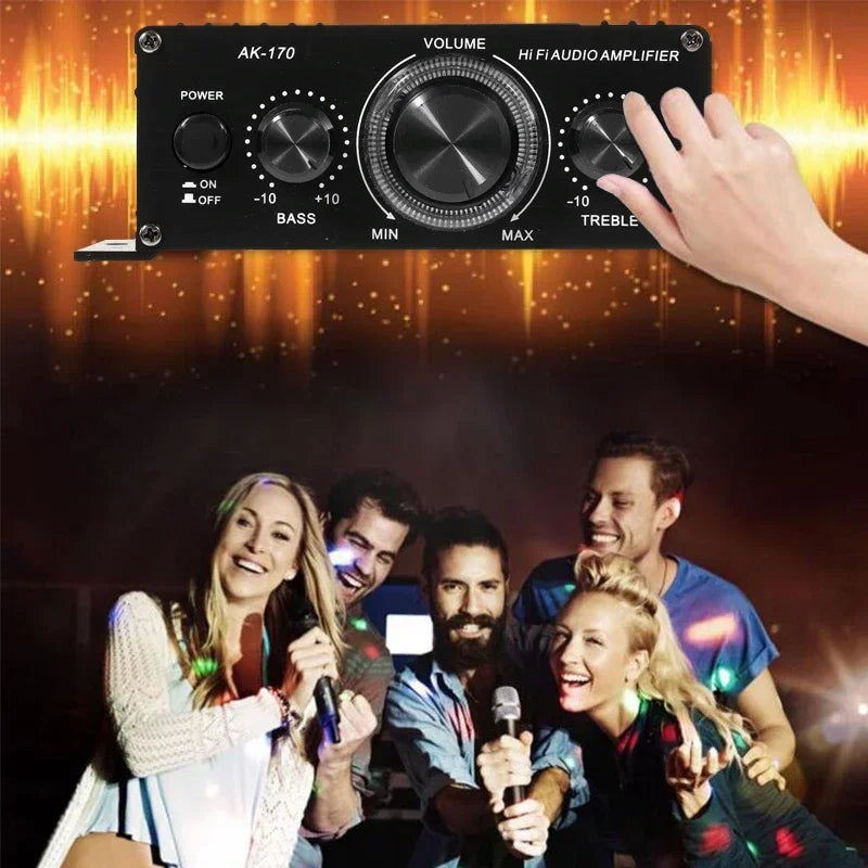 Black ak170 mini digital power audio car amplifier with silver knobs and blue light for home theater club use