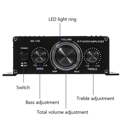 Black ak170 mini digital audio car amplifier with central volume knob, led ring, bass and treble controls for home theater club use