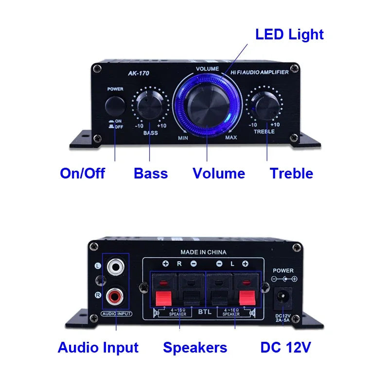 Black ak170 mini digital car amplifier blue light stereo with red speaker terminals for home theater club use