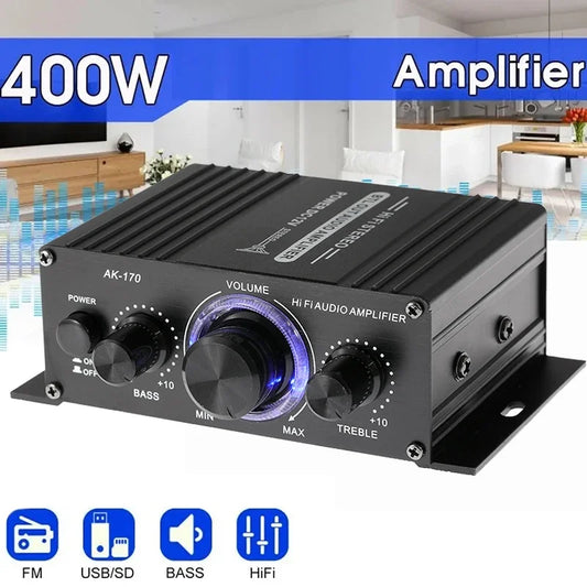 Black ak170 mini digital power audio car amplifier with ribbed metal casing and illuminated volume knob for home theater club use