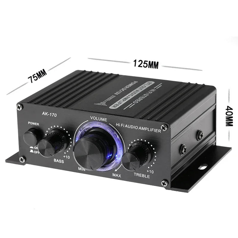Black ak170 mini digital power audio car amplifier with blue light volume knob and bass treble controls for home theater club use