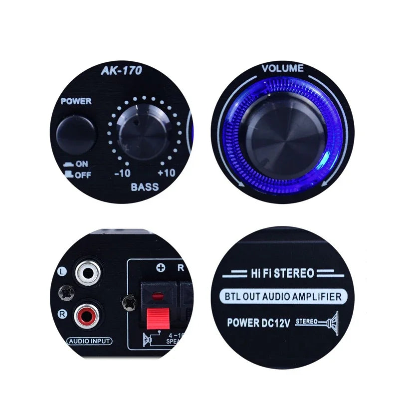 Black circular ak170 mini digital car amplifier blue with illuminated volume knob bass control and rca inputs for home theater club