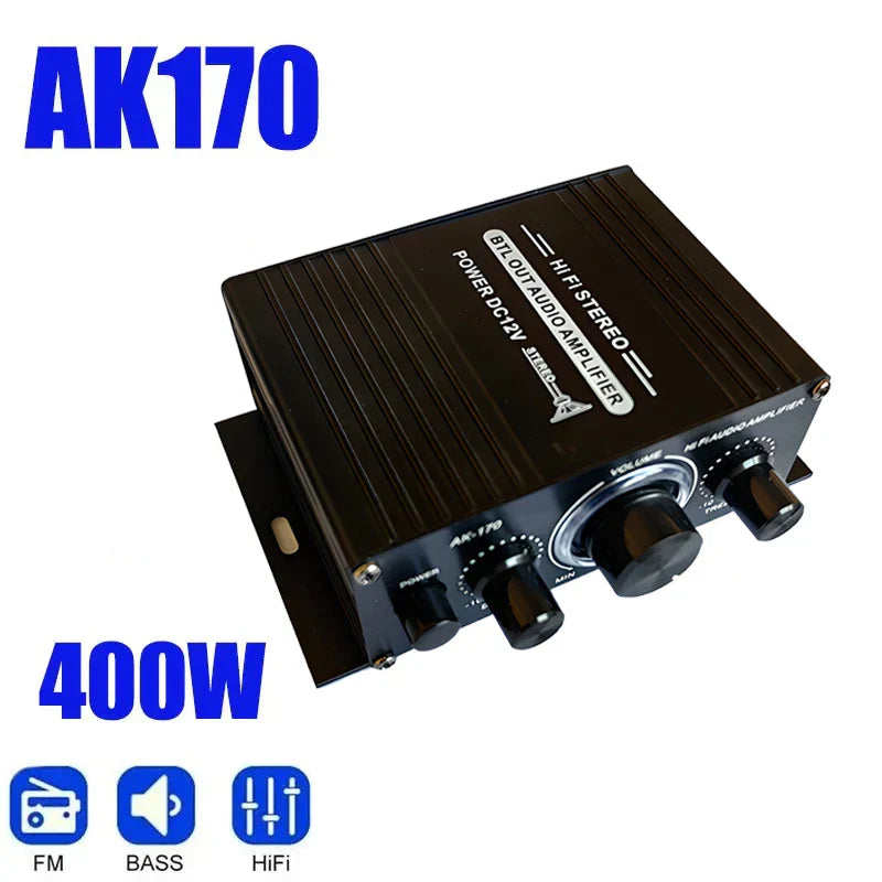 Black ak170 mini digital audio car amplifier with three knobs and ridged casing for home theater club use