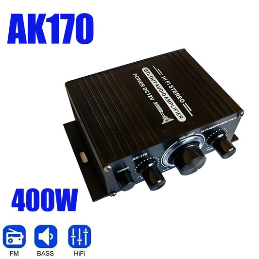 Black ak170 mini digital audio car amplifier with three knobs and ridged casing for home theater club use