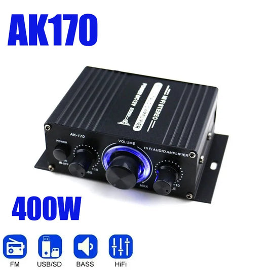 Black ak170 mini digital power audio car amplifier with glowing blue volume knob for home theater club use