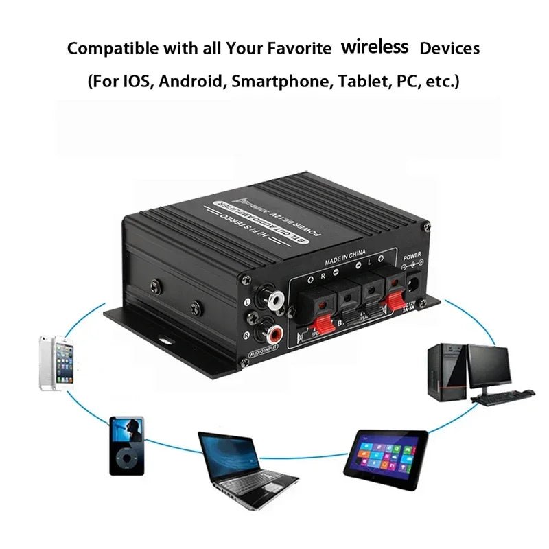 Black rectangular ak170 mini digital car amplifier blue with ribbed metal casing and multiple ports for home theater club use
