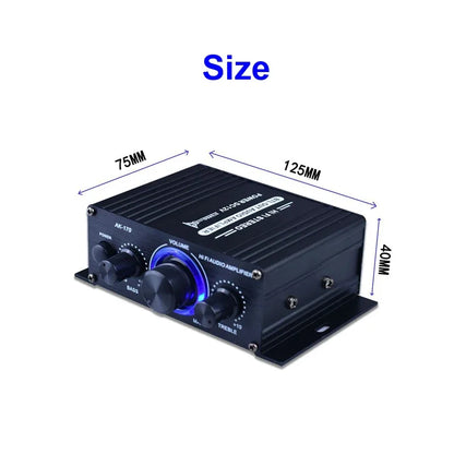 Black rectangular ak170 mini digital audio car amplifier with blue led volume and bass treble knobs for home theater club use