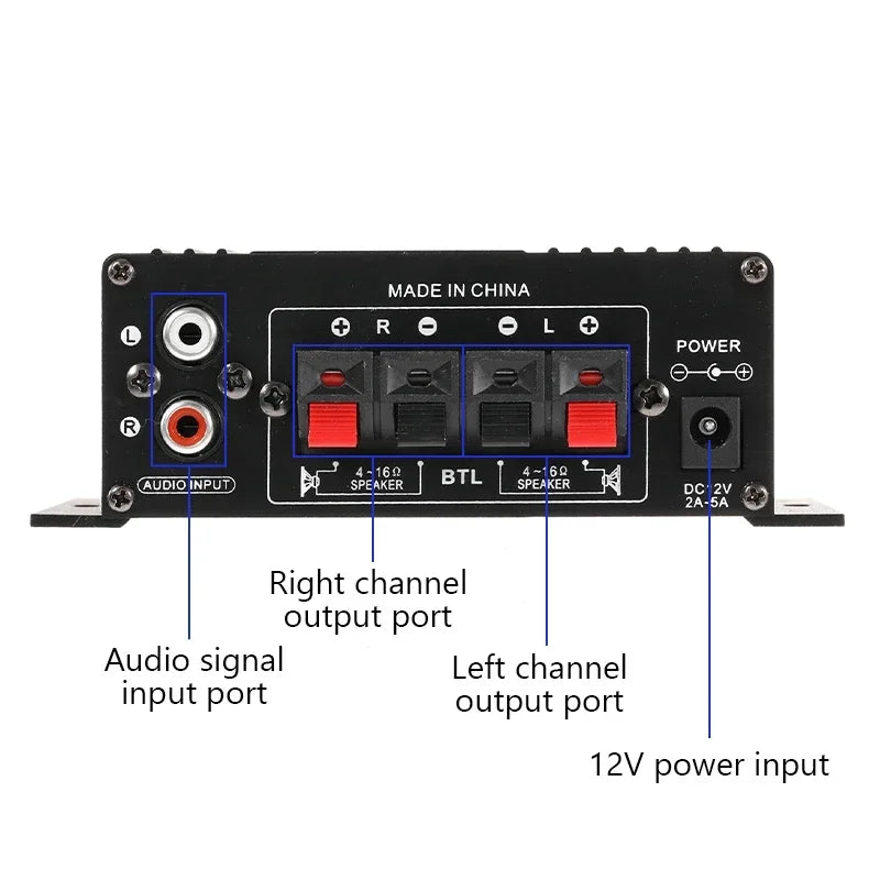 Back side of ak170 mini digital black power audio car amplifier with red black speaker ports and silver rca inputs for home theater club