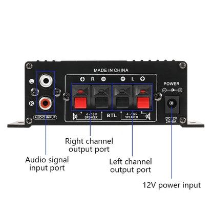 Back of black ak170 mini digital audio car amplifier with red and black speaker ports silver rca inputs and 12v power input