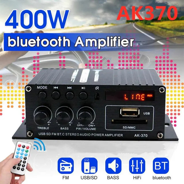 Black ak35 800w home audio power amplifier with bluetooth 5.0, aluminum alloy, sound fm usb, treble bass volume knobs