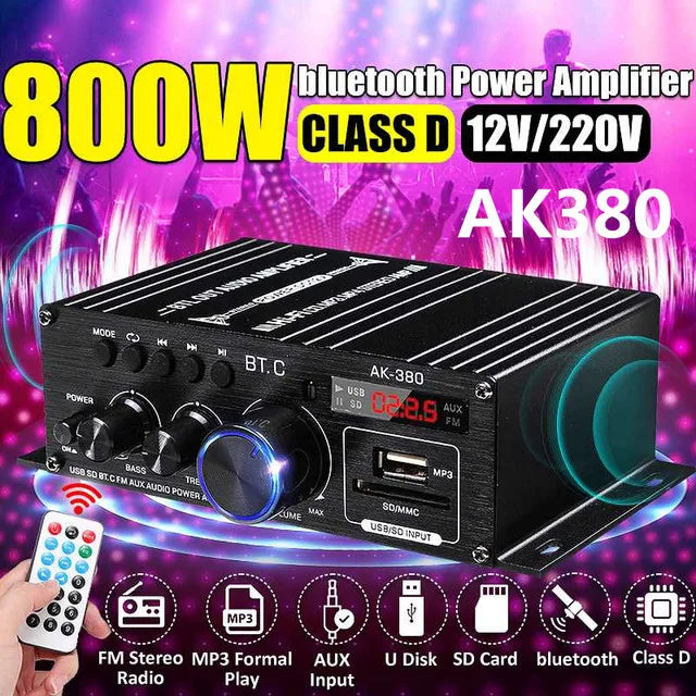Black ak380 bluetooth audio power amplifier with blue-lit knob red digital display aluminum alloy for sound fm usb use