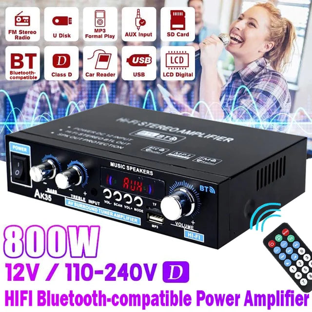 Black rectangular ak35 800w audio power amplifier with aluminum alloy knobs and digital display for sound fm usb use