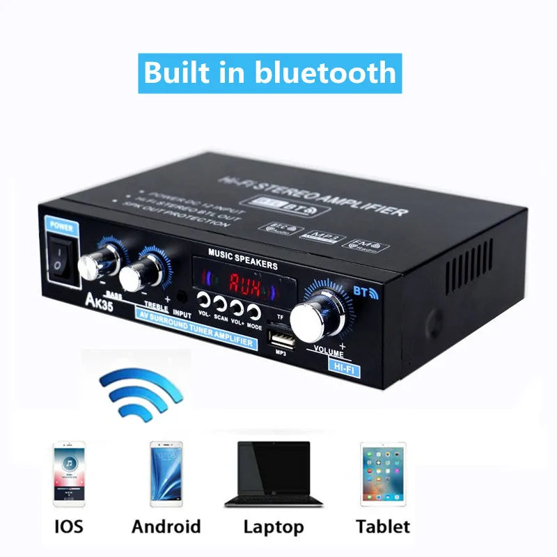 Black rectangular ak35 800w audio power amplifier with blue knobs aluminum alloy body and sound fm usb features