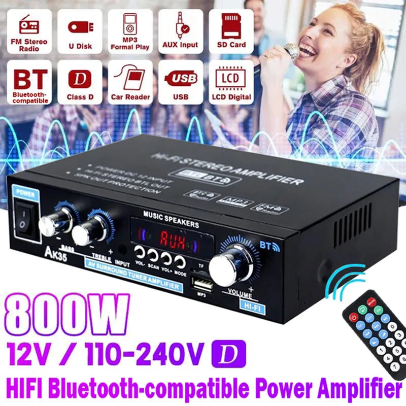 Black aluminum alloy audio power amplifier ak35 with silver knobs digital display fm usb bt connectivity for home use