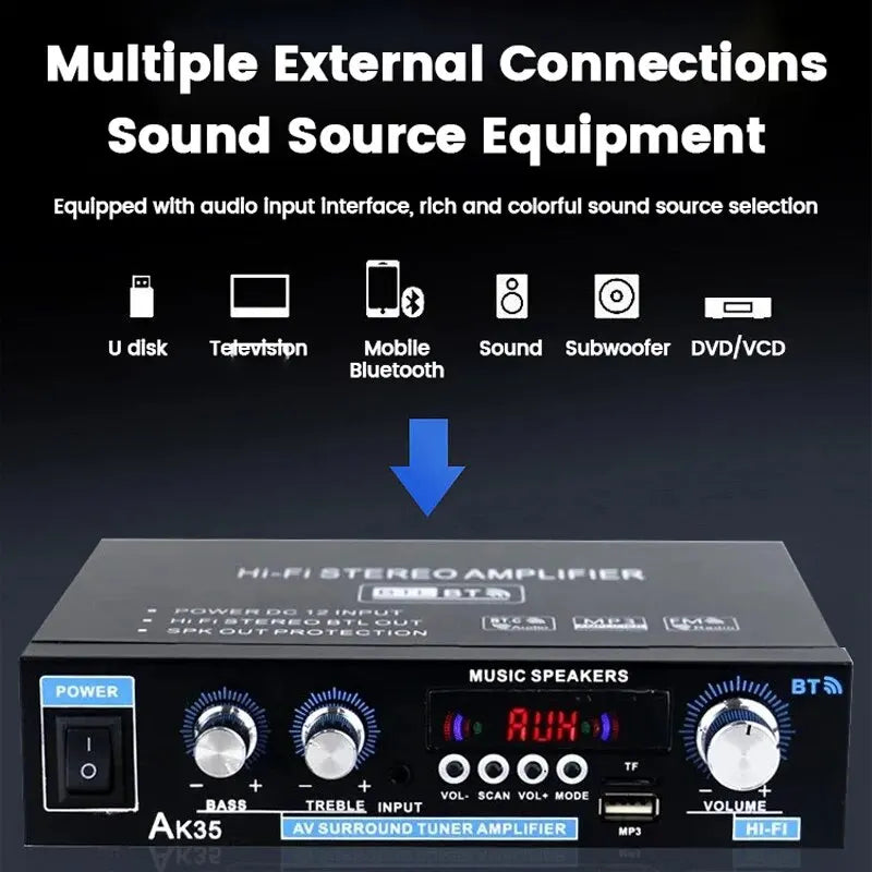 Black rectangular aluminum alloy ak35 800w audio power amplifier with silver knobs sound fm usb and bluetooth display