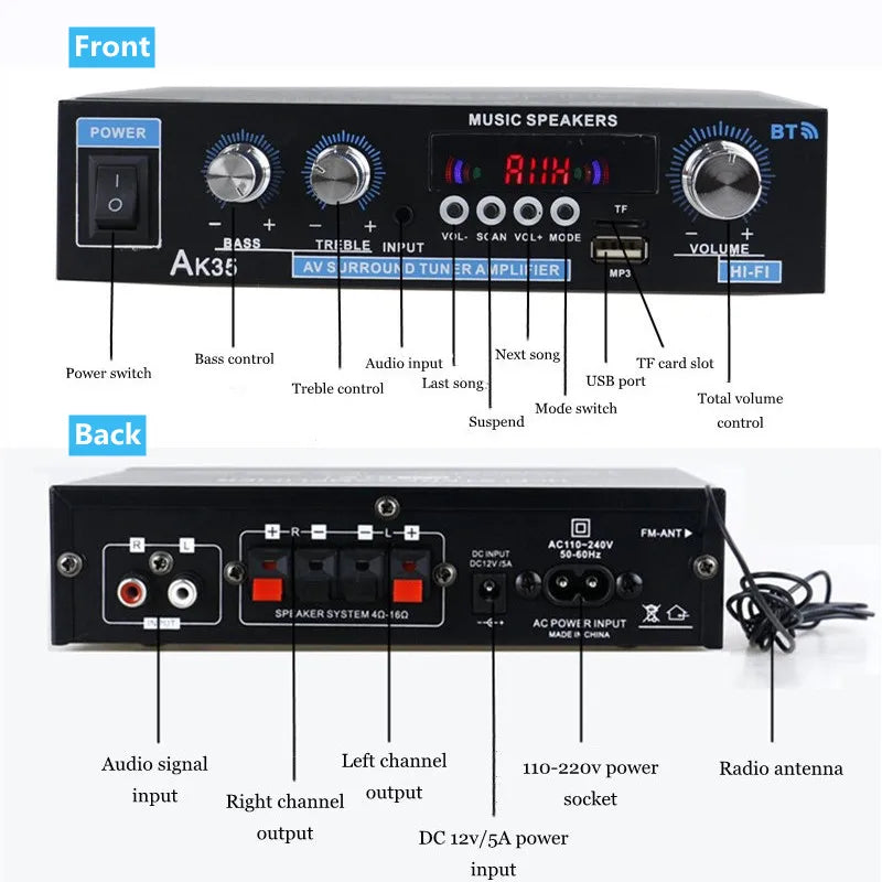 Black ak35 800w audio power amplifier with silver aluminum alloy knobs red led display sound fm usb ports and bluetooth 5.0