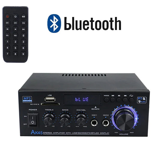 Black ak45 800w home digital amplifier with blue led display and glowing purple volume knob bluetooth amplifier hifi