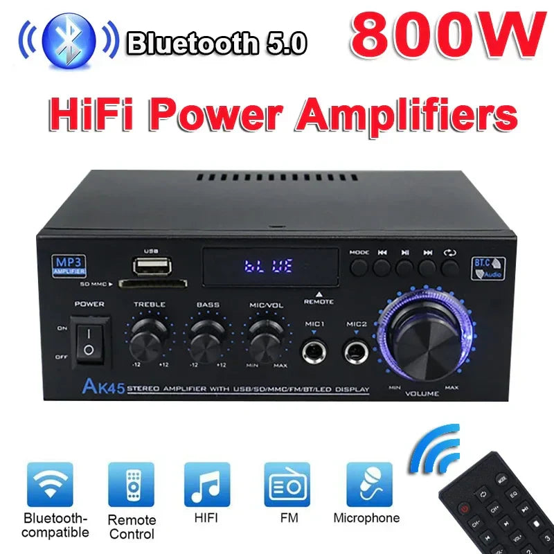 Black ak45 800w home digital amplifier with bluetooth amplifier hifi, blue led display, and fm music support