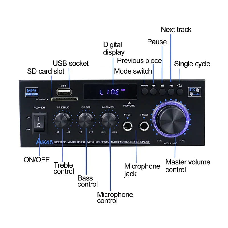 Black ak45 800w home digital amplifier with bluetooth hifi, usb sd slots, digital display, and purple illuminated volume knob