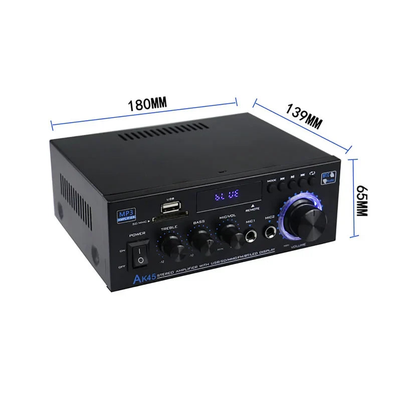 Black ak45 800w home digital amplifier with bluetooth hifi, usb port, digital display, and illuminated volume knob