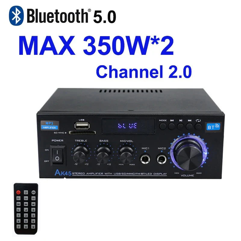 Black ak45 hifi digital bluetooth stereo amplifier with usb sd slots led display and large blue illuminated volume knob