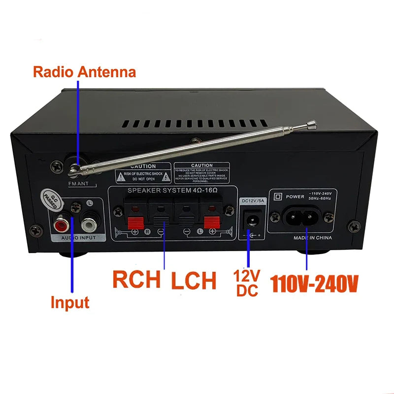 Black rectangular ak45 hifi digital bluetooth audio amplifier with silver antenna and red rch lch input jacks shown from back