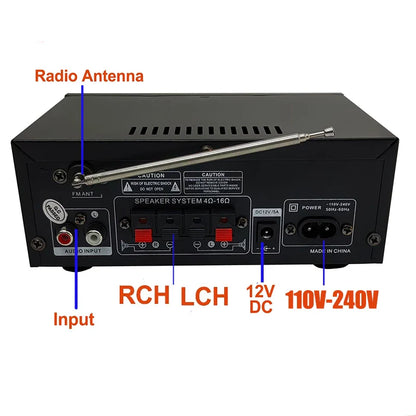 Black rectangular ak45 hifi digital bluetooth audio amplifier with silver antenna and red rch lch input jacks shown from back