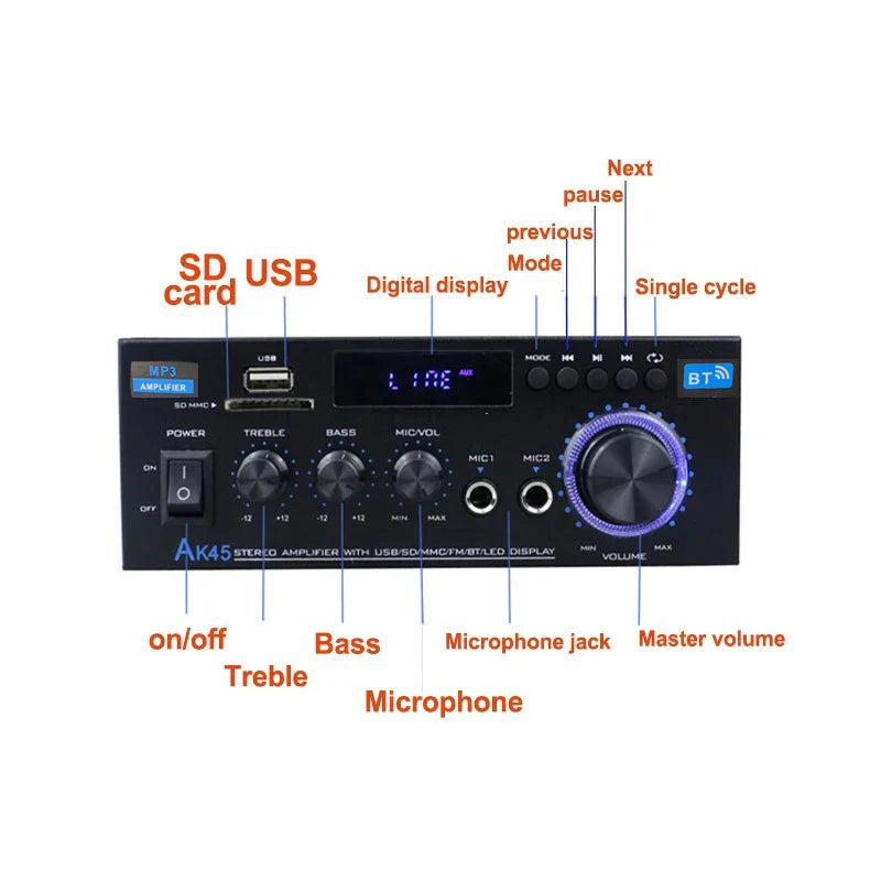 Black ak45 hifi digital bluetooth audio amplifier with digital display usb sd slots and purple-lit volume knob for home car use