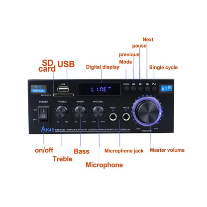 Black ak45 hifi digital bluetooth audio amplifier with digital display usb sd slots and purple-lit volume knob for home car use