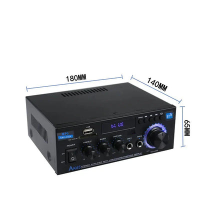 Black ak46 hiFi digital bluetooth stereo amplifier with blue led display and illuminated volume knob for home and car use