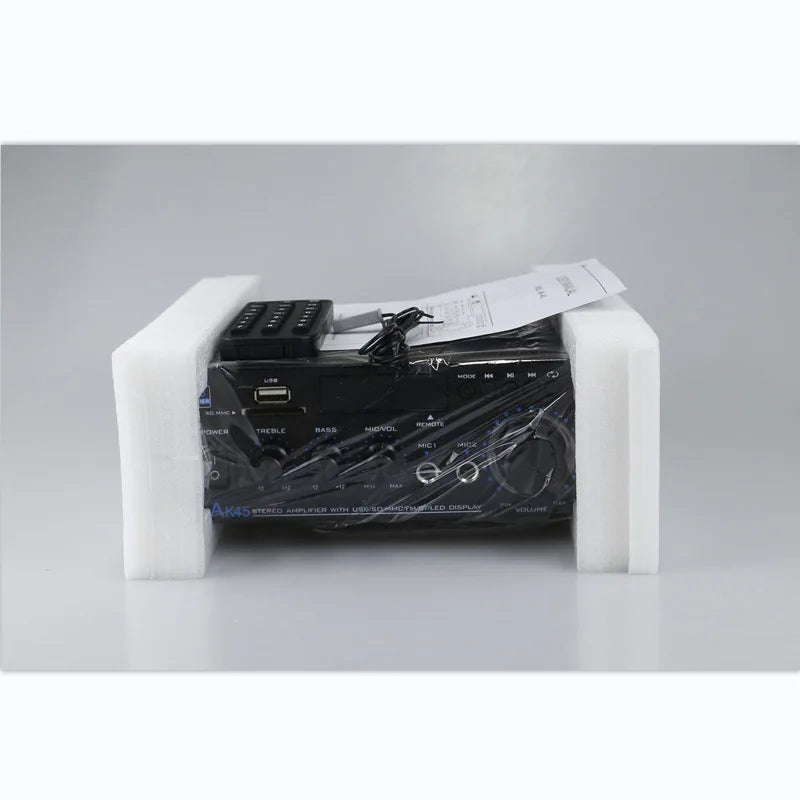 Black ak45 hifi digital bluetooth stereo amplifier with usb and led display wrapped in plastic for home and car use