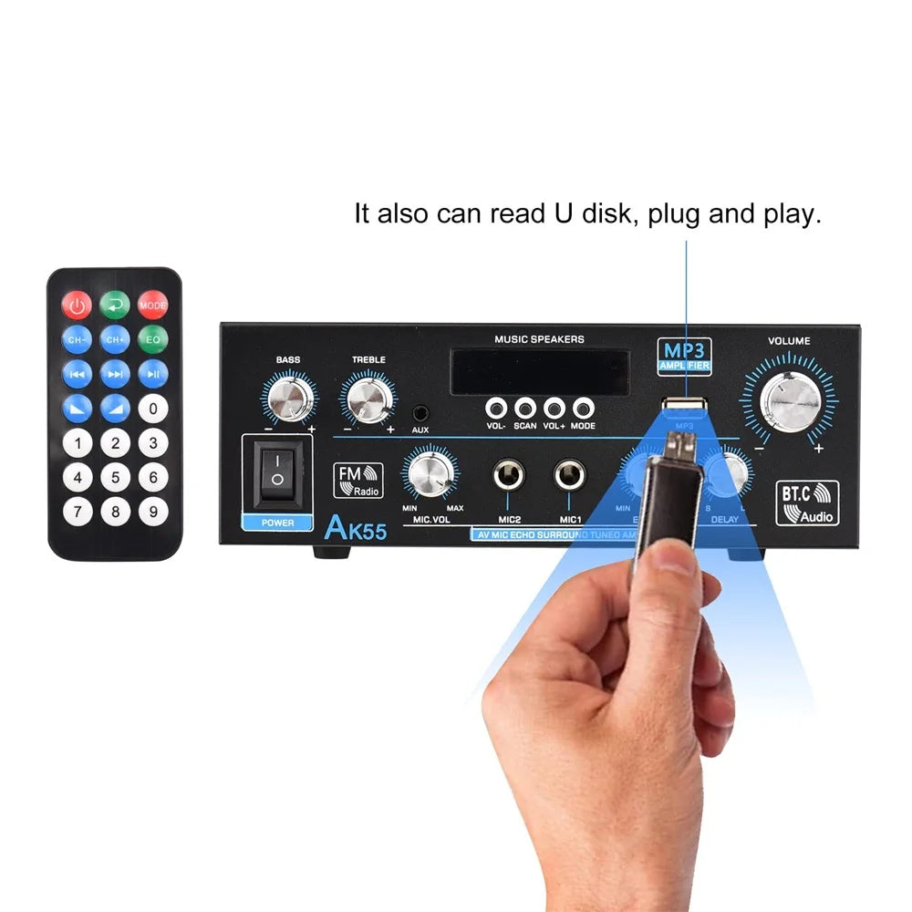 Black ak55 hifi digital amplifier with blue accents, silver knobs, usb port, bluetooth surround sound, and power 90wx2 speaker