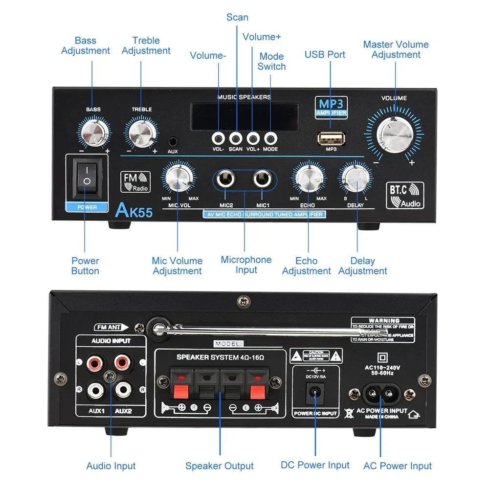 Black ak55 hifi digital amplifier with silver knobs featuring bluetooth surround sound and power 90wx2 speaker outputs