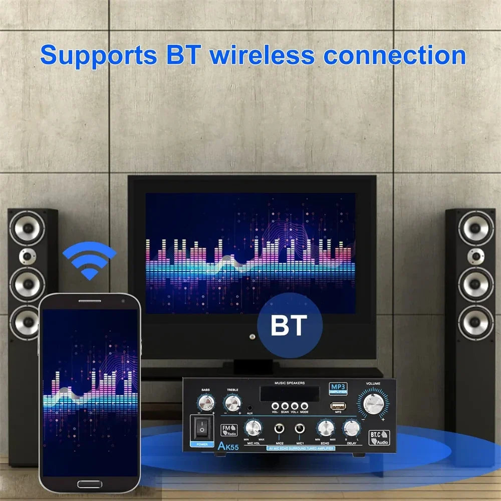Black ak55 hifi digital bluetooth surround sound amplifier with silver knobs designed for wireless power 90wx2 speaker streaming