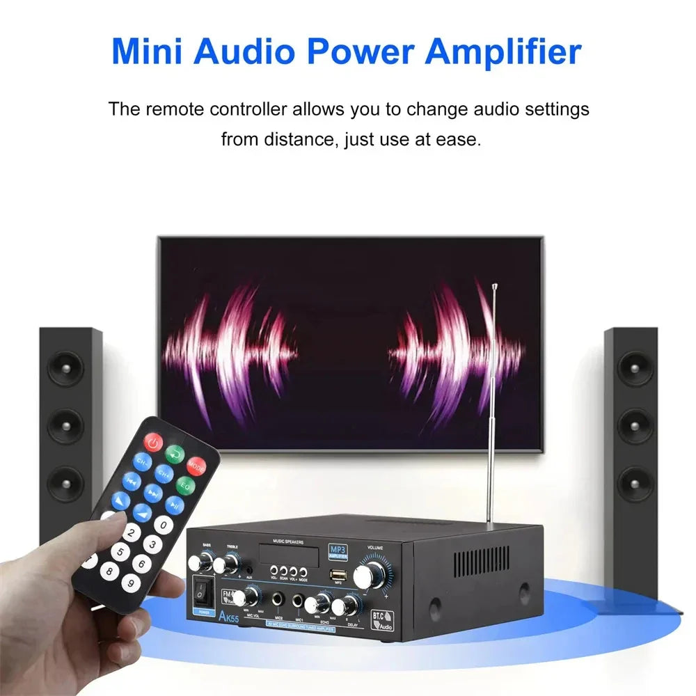 Black rectangular ak55 hifi digital mini audio power amplifier with bluetooth surround sound and max power 90wx2 speaker ports
