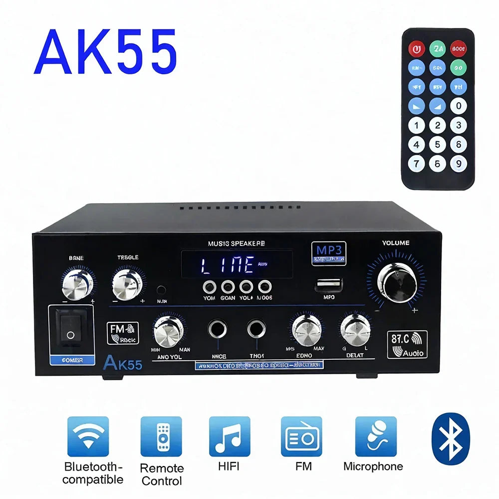 Black ak55 hifi digital bluetooth surround sound amplifier speaker with silver knobs and digital display power 90wx2