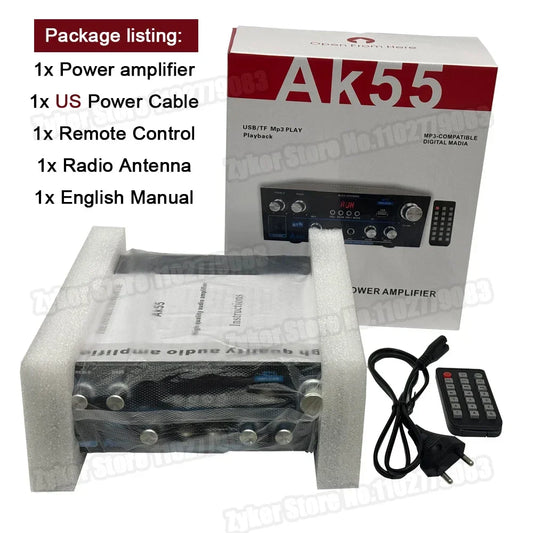 Black ak55 hifi digital amplifier with silver knobs and bluetooth surround sound packaged beside retail box