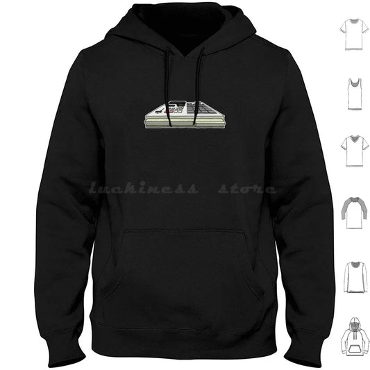 Black hoodie featuring a white and gray graphic of an akai mpc 2000xl synthesizer for music tech and production