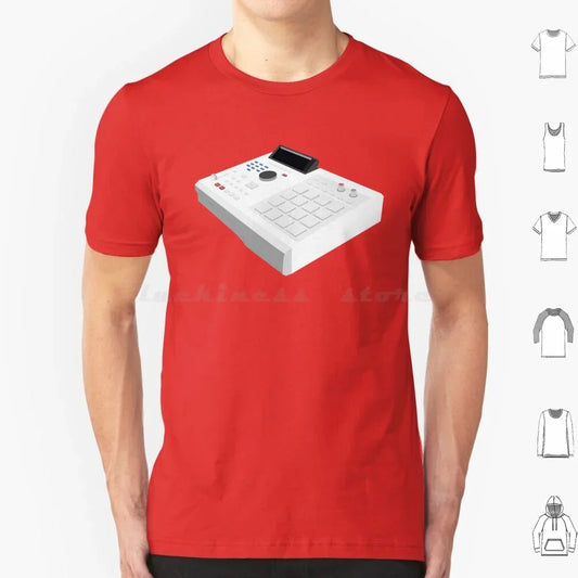 Red t-shirt featuring a white graphic of an akai mpc 2000xl electronic music controller for mpc 2000xl hiphop fans