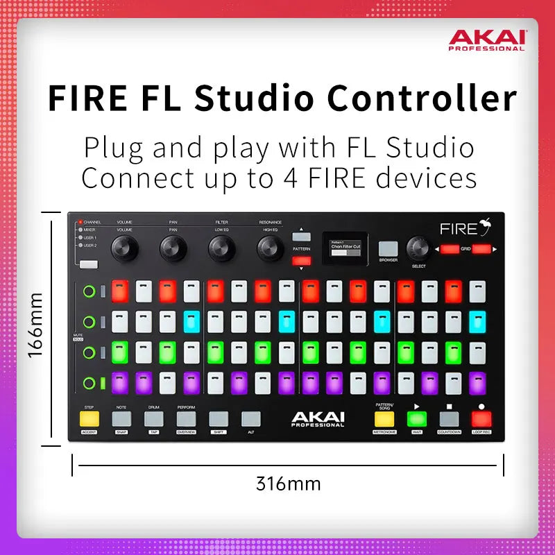 Black akai professional mpk mini play mk3 plus arranger music controller with colorful illuminated buttons and knobs