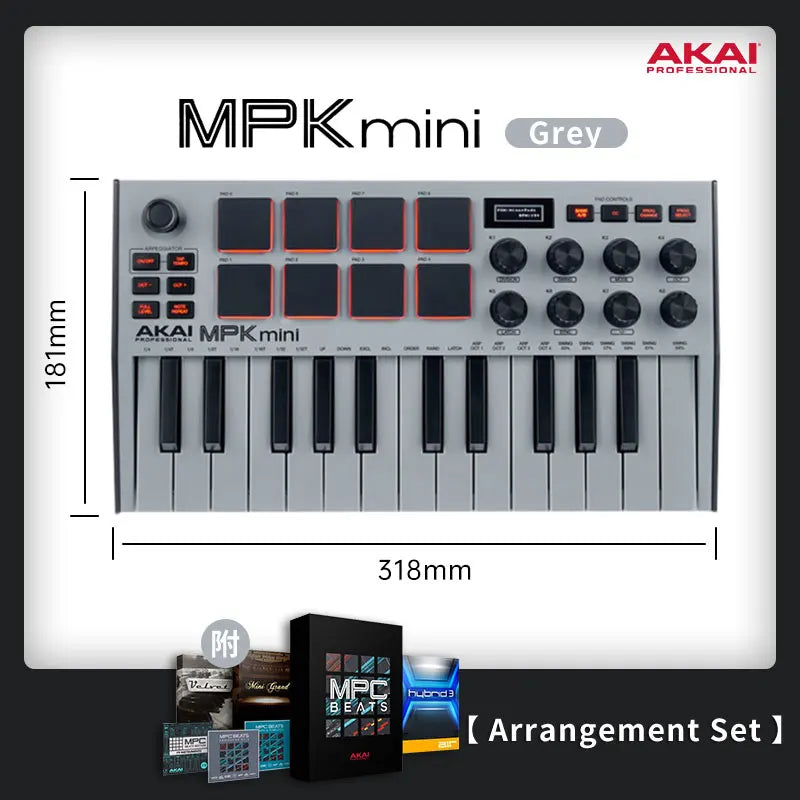 Grey akai professional mpk mini play mk3 plus midi keyboard with black keys and red-accented pads arranger music controller