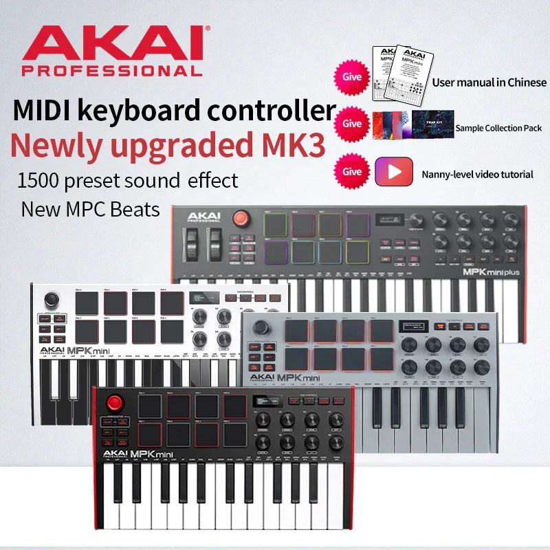 Akai professional mpk mini play mk3 plus midi keyboard arranger music controller with black and white keys and red accents