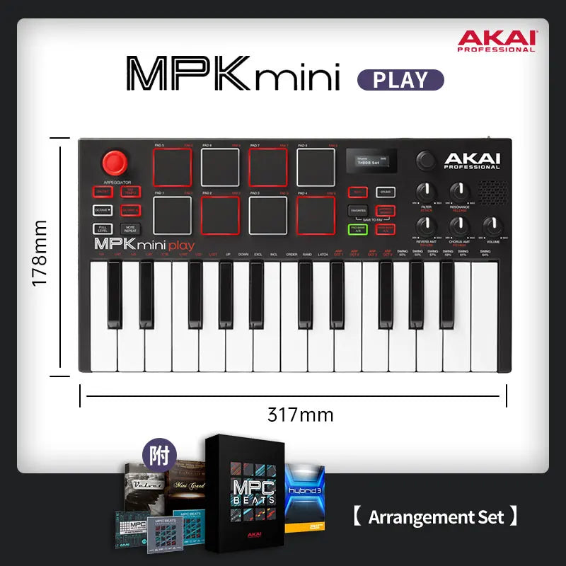 Black akai professional mpk mini play mk3 plus midi keyboard with 25 keys and red-accented pads arranger music controller